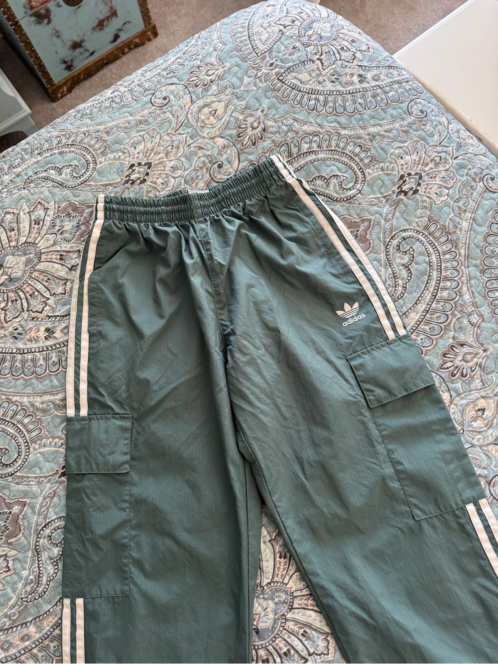 adidas Mens Green Cargo Track Pants with Stripes
